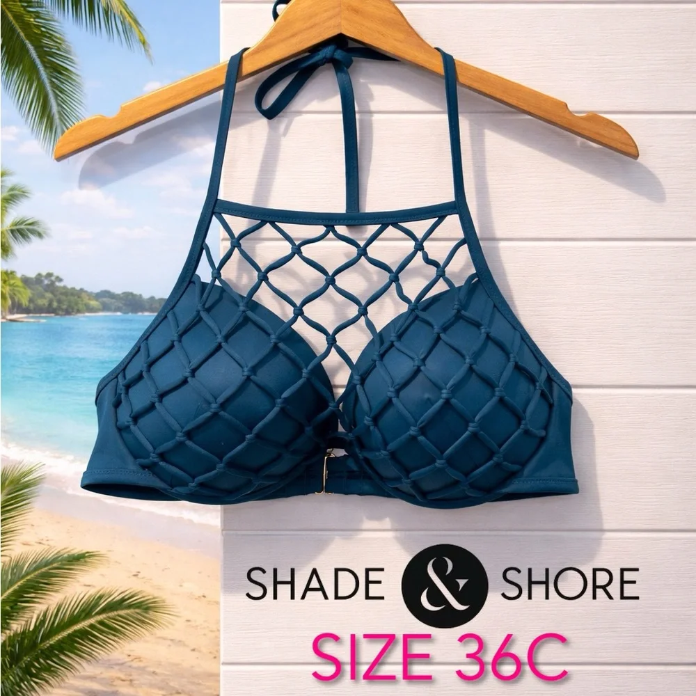 🌴💜💎Teal Shade & Shore Underwire Bikini Top 36C | Macramé Net Swim Halter Top